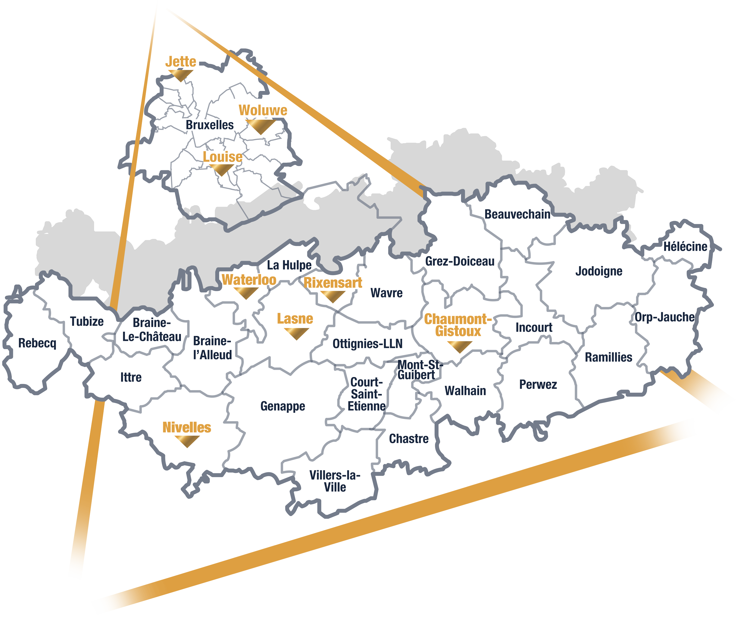 Carte du Brabant Wallon et de Bruxelles illustrant les agences immobilières TRIOR