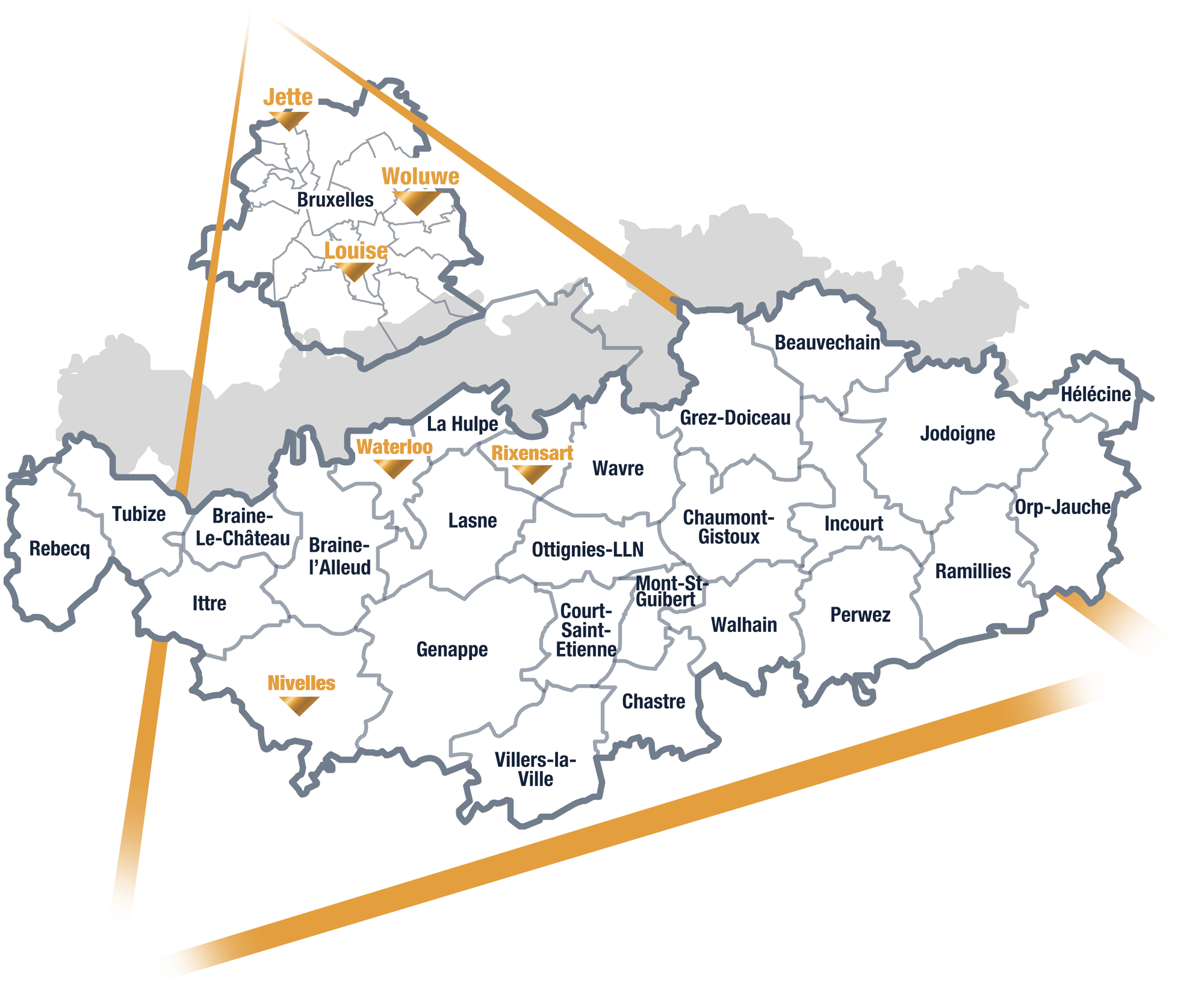 Carte du Brabant Wallon et de Bruxelles illustrant les agences immobilières TRIOR